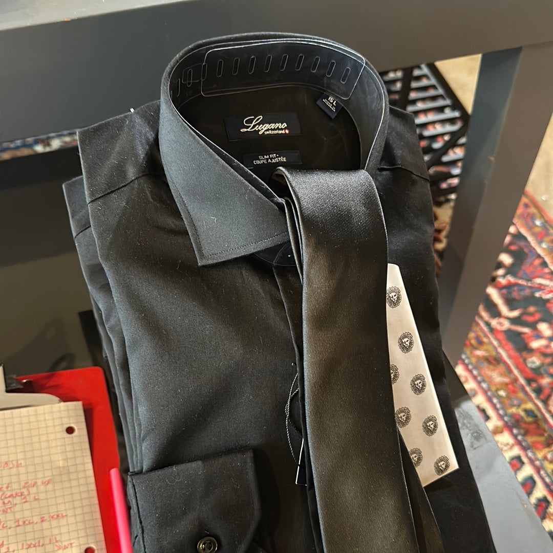 black dress shirt with silver tie Black Slim-Fit Lugano Dress Shirt