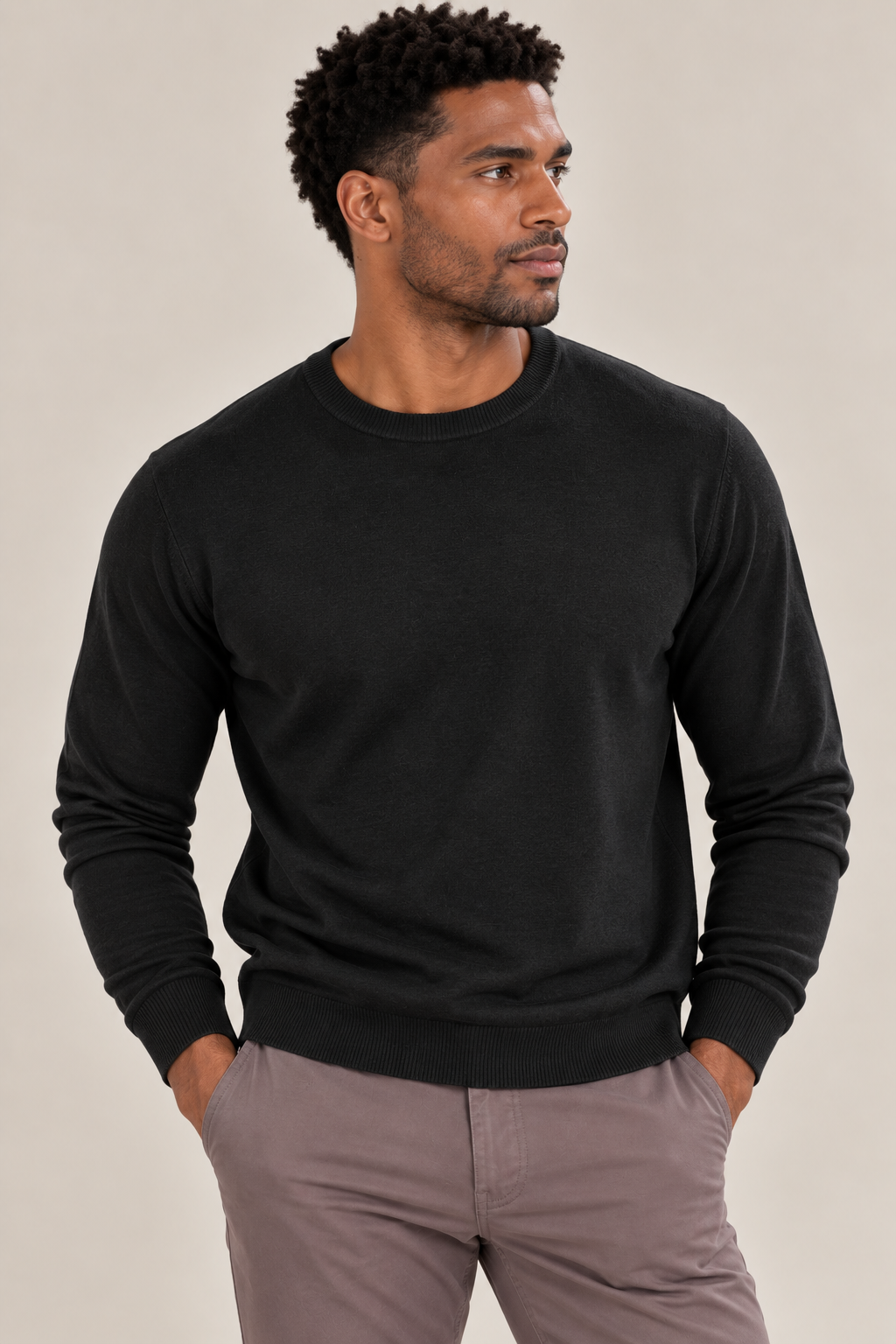 Merino Wool Crew Neck Sweater - Black
