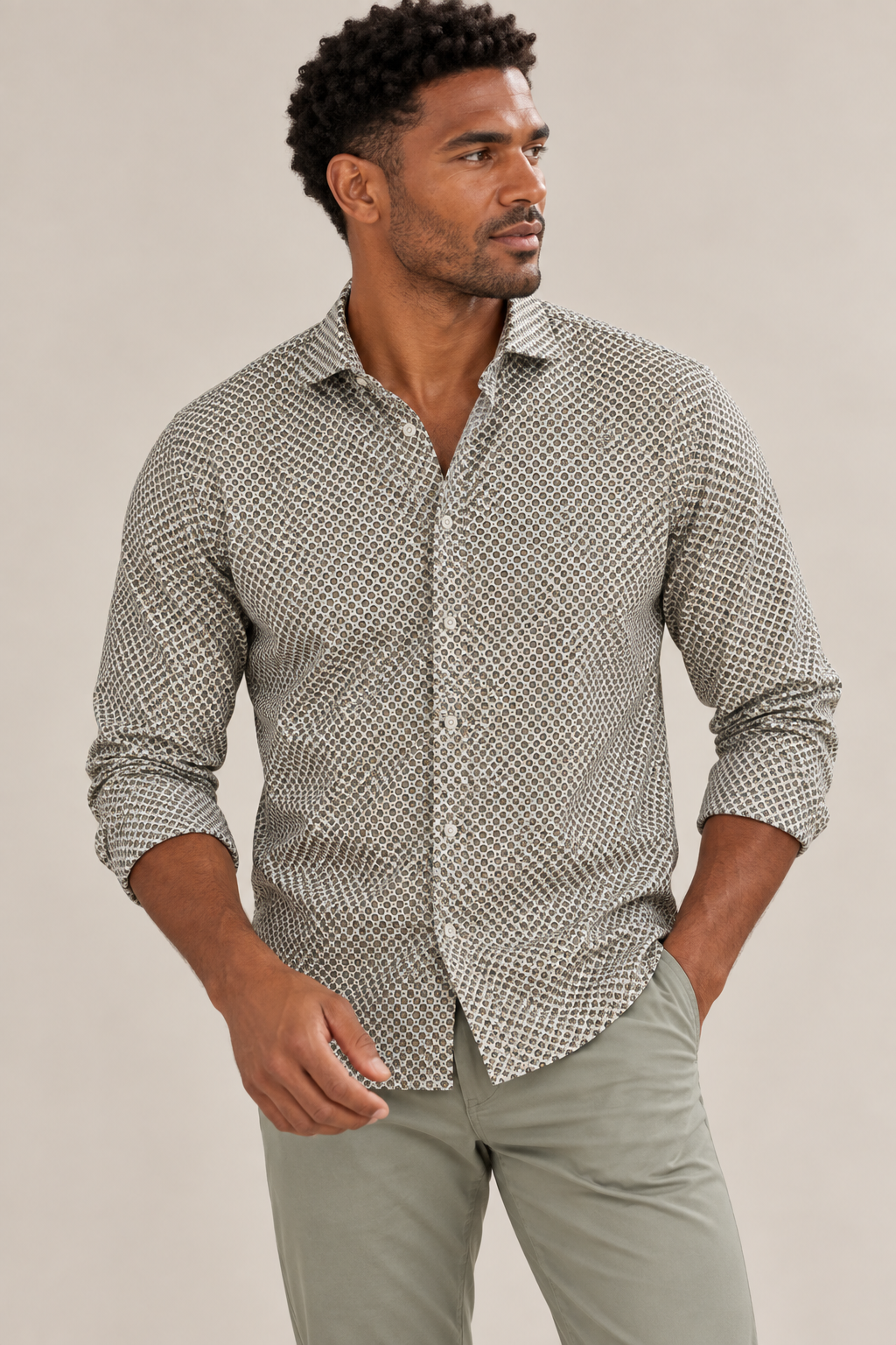 Oat Micro Geometric Split Collar Shirt