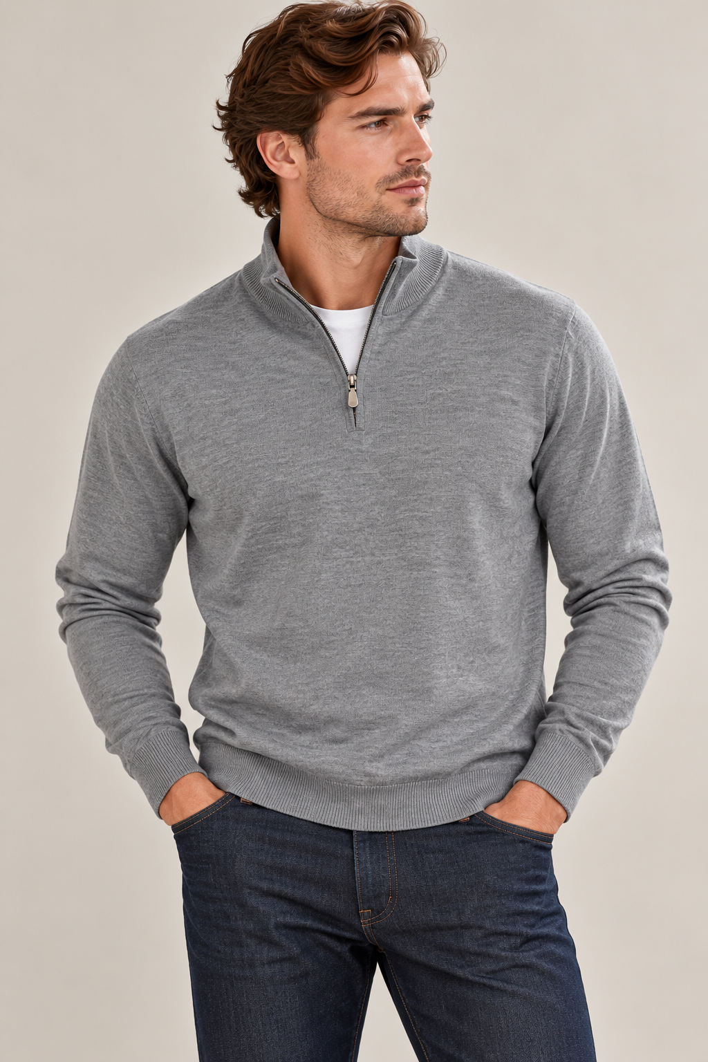Merino Wool Quarter ZIp Sweater - Platinum