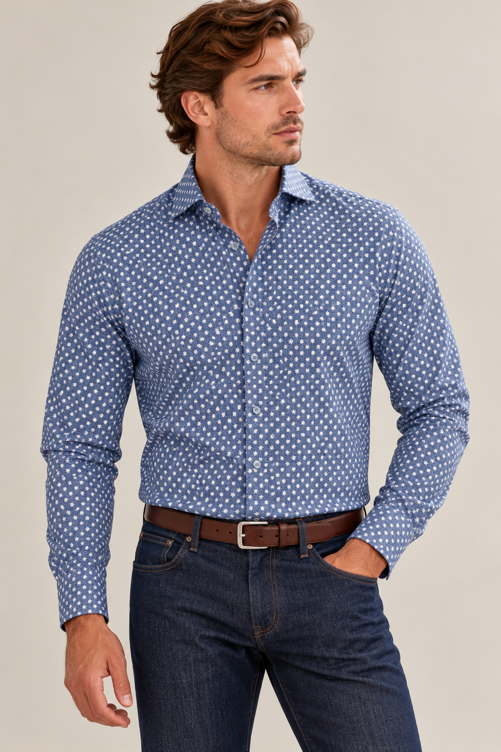 French Blue Starburst Split Collar Shirt