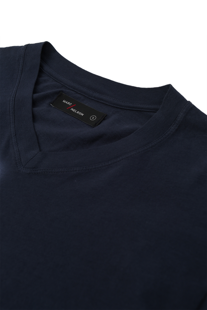 Close up of navy Cotton Long Sleeve V-Neck T-Shirt