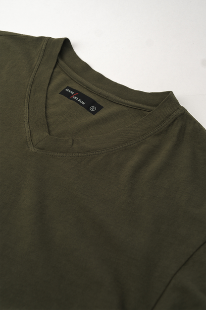 Close up of Olive Cotton Long Sleeve V-Neck T-Shirt