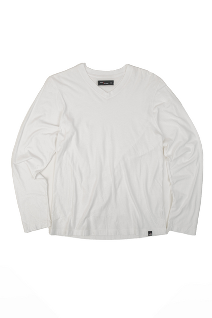 White Cotton Long Sleeve V-Neck T-Shirt