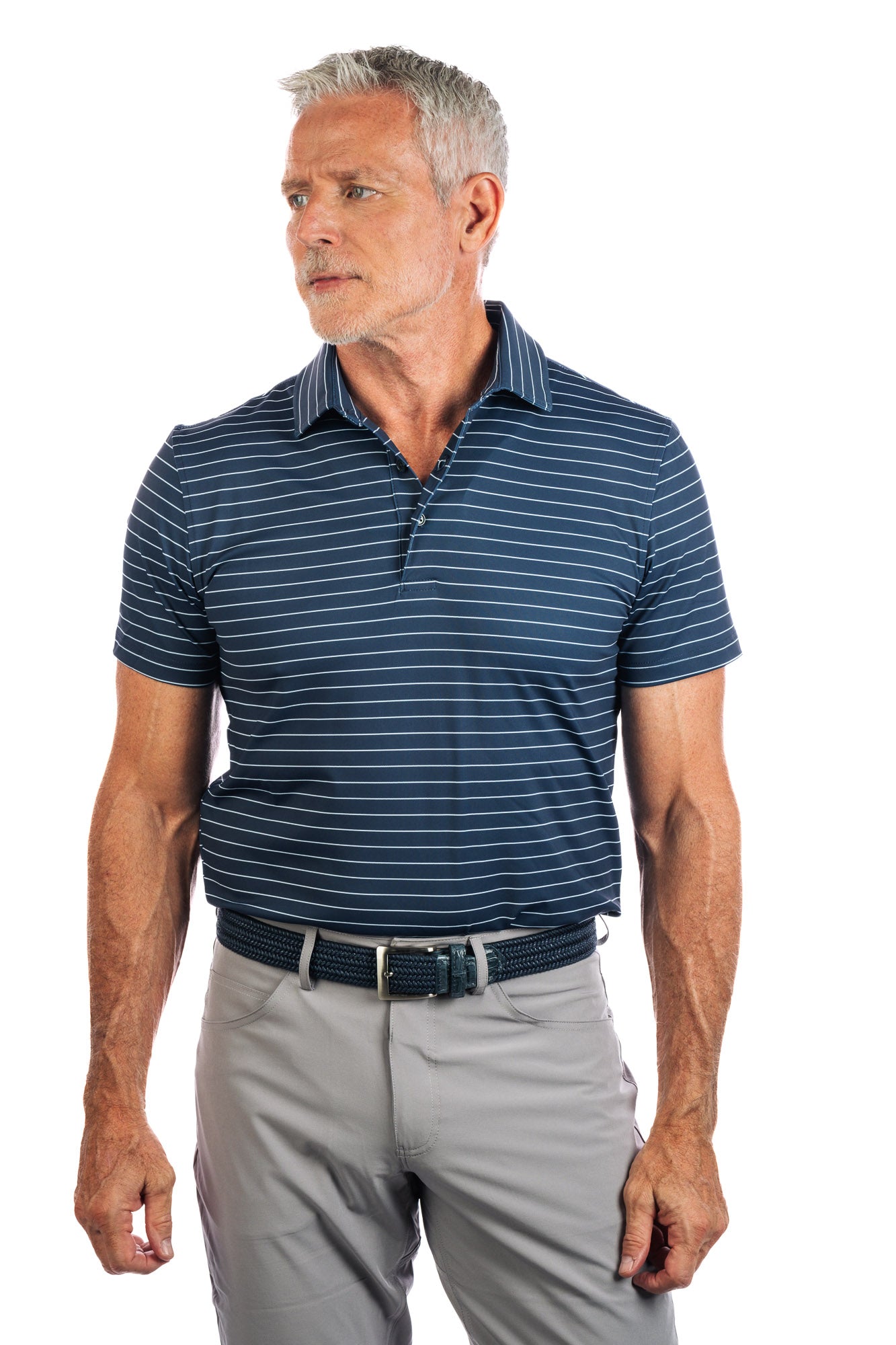 Frontal photo of navy polo with white stripes on a white background looking to the left.