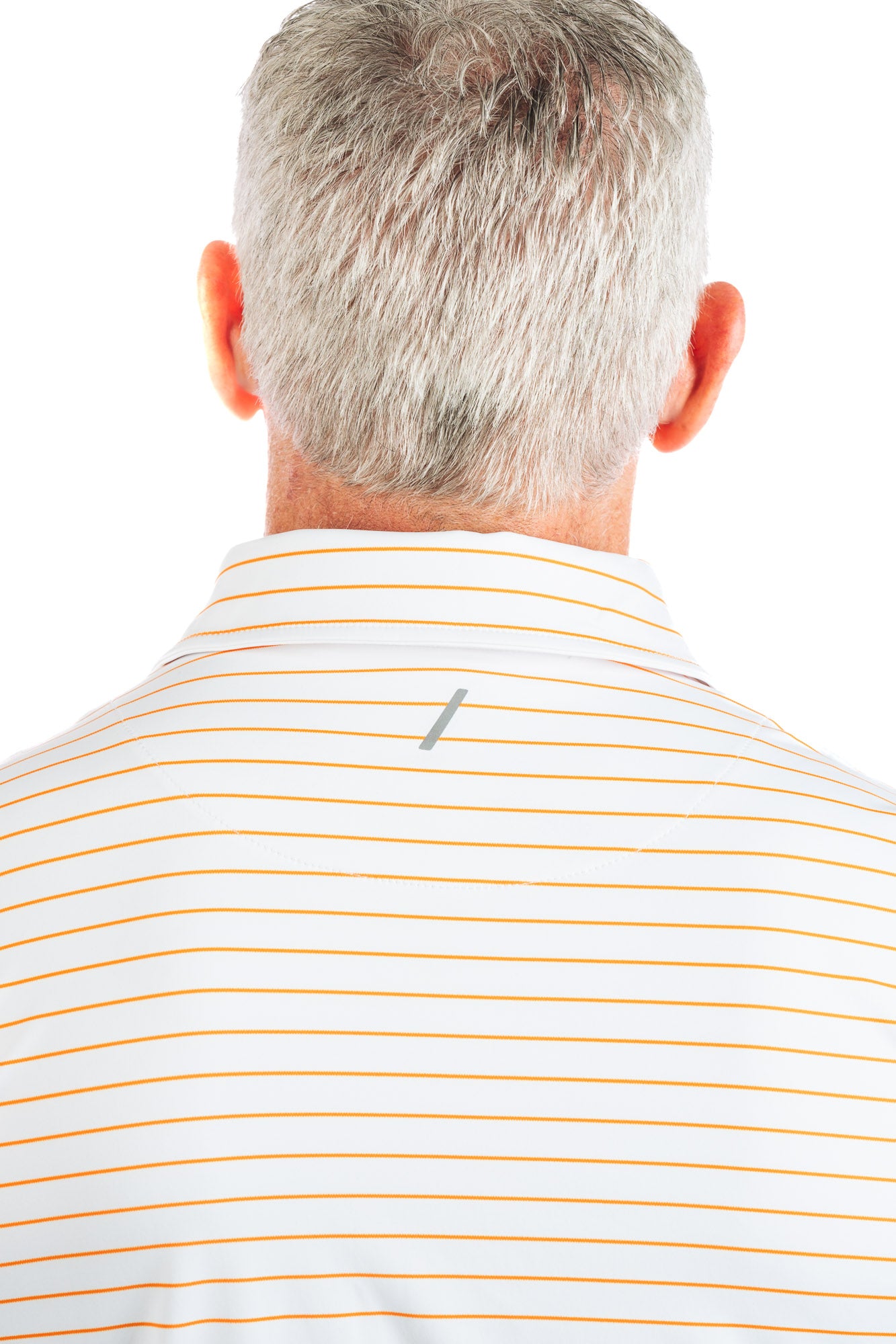 Close up backside photo of model wearing the Orange striped golf polo on a white background showing the back collar.