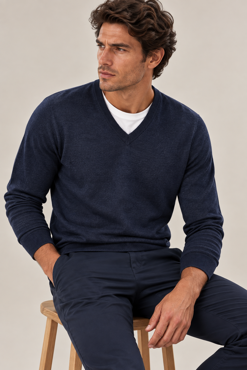 Merino Wool V-Neck Sweater - Indigo Blue