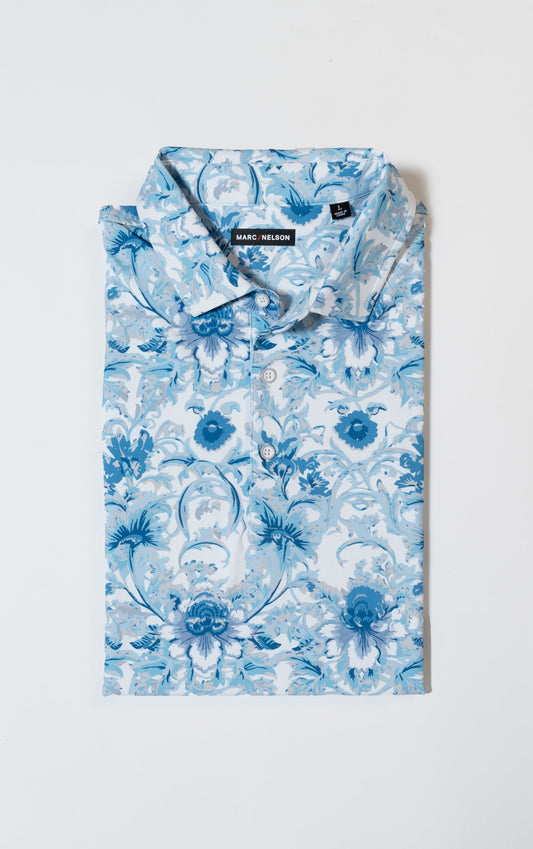Damask Floral Blue Golf Polo