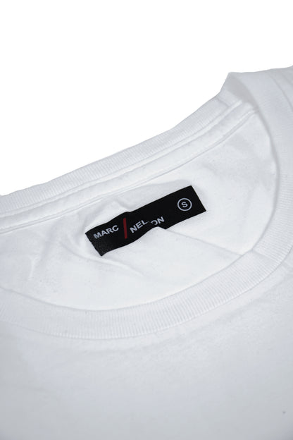 Close up shot of neck tag of white crew neck t-shirt folded on a white background.