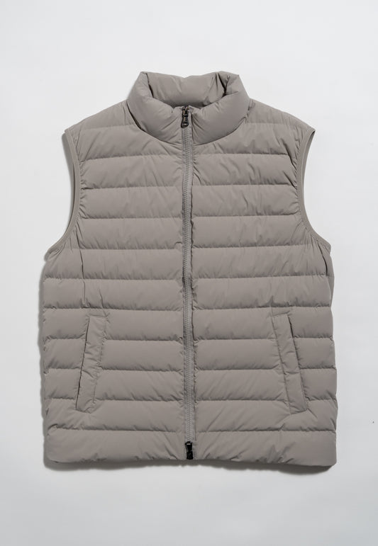 A light gray, sleeveless puffer vest with horizontal quilting, a zip-up front, and two side pockets, laid flat on a white background.