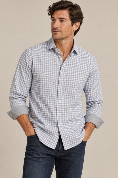 Men's Blue Plaid Cotton Coolmax Stretch Shirt