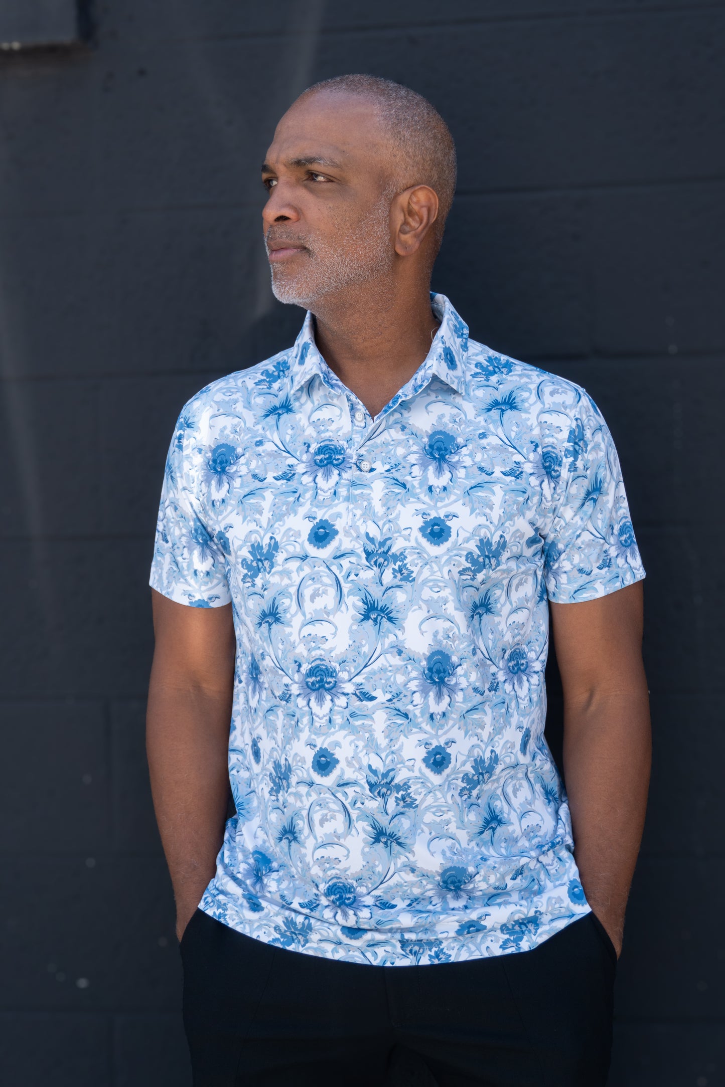 Damask Floral Blue Golf Polo