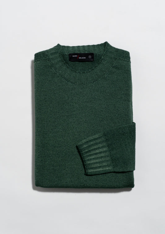 A folded forest green knit sweater with a ribbed crew neckline and cuff, displayed on a plain white background.