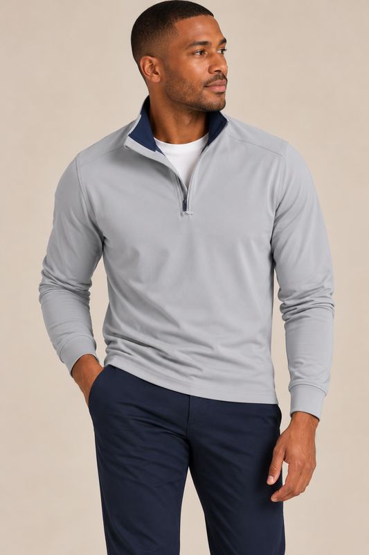 Performance Quarter Zip Light Gray with Navy contrast collar