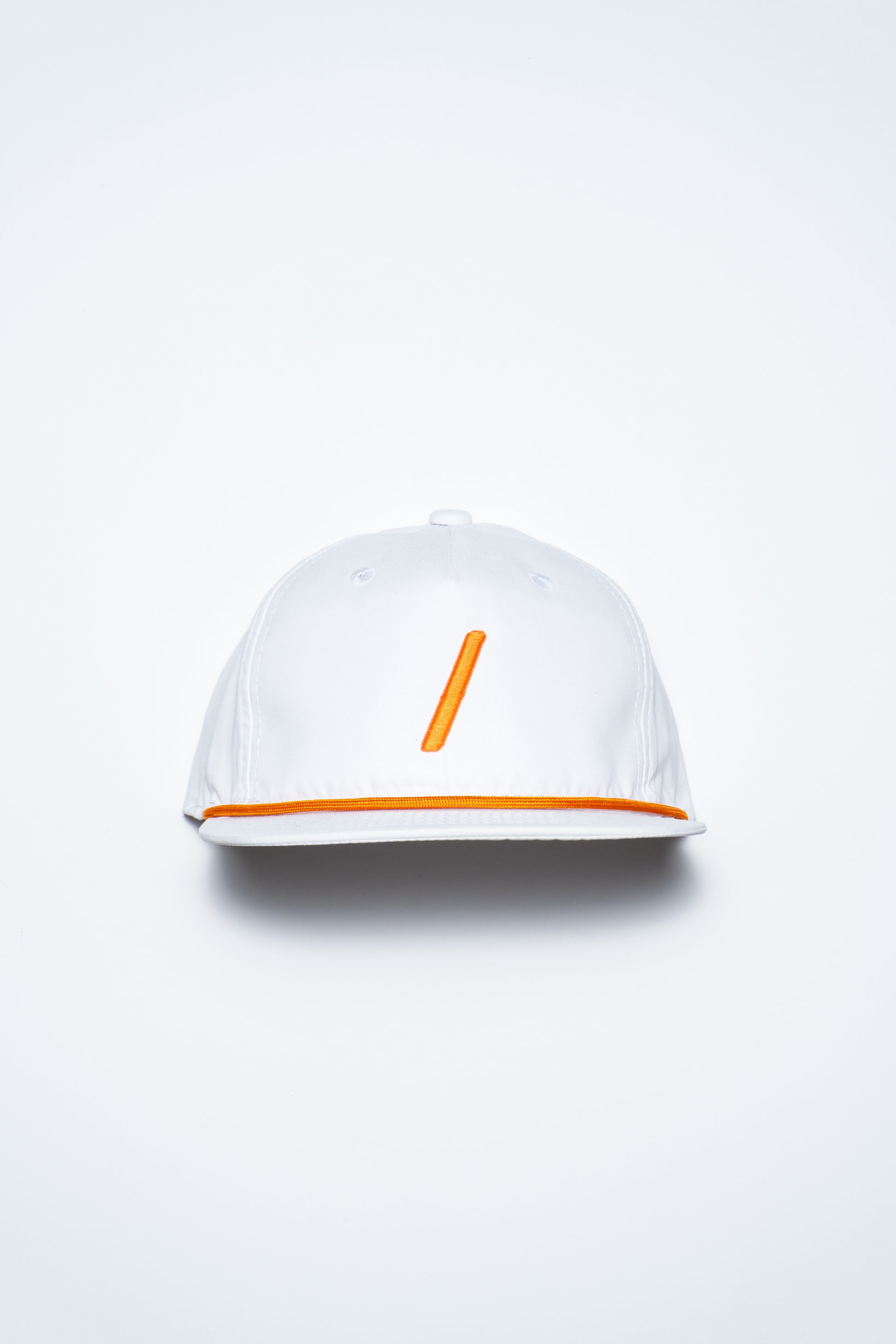 A white baseball cap with an orange vertical line on the front and an orange stripe along the edge of the brim, displayed against a plain white background.