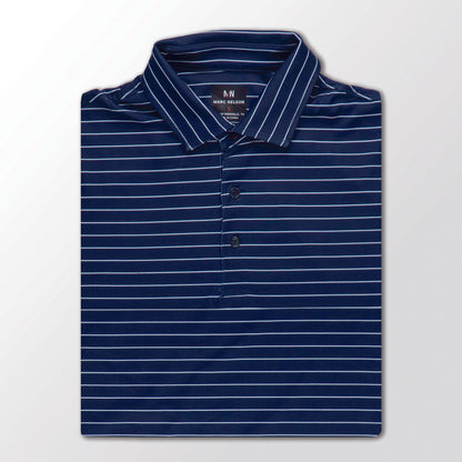 Navy striped golf polo folded on a white background.