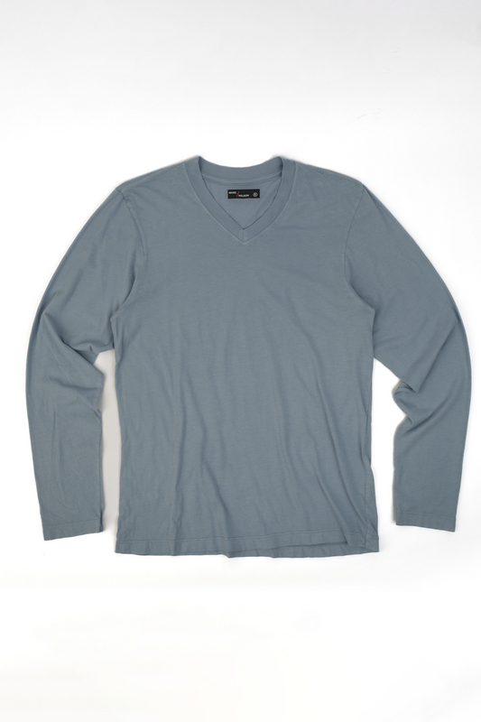 Blue Cotton Long Sleeve V-Neck T-Shirt