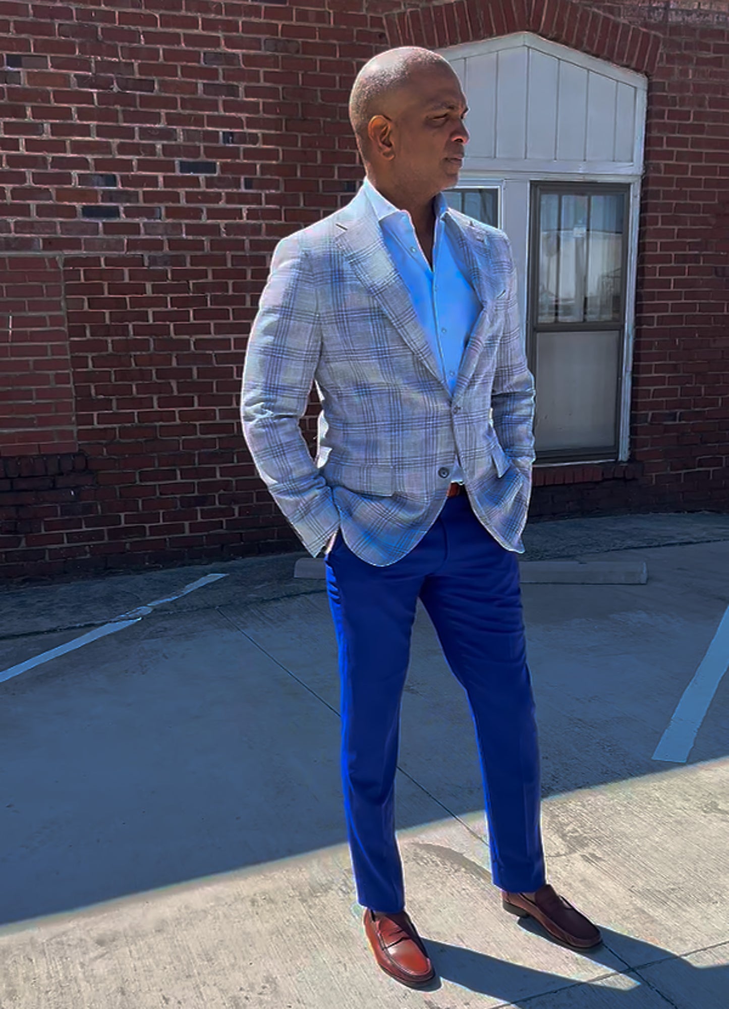 Marc Nelson Light Grey / Blue Plaid Spring Blazer