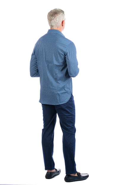 Backside photo of model wearing the george navy pants on a white background facing the right.