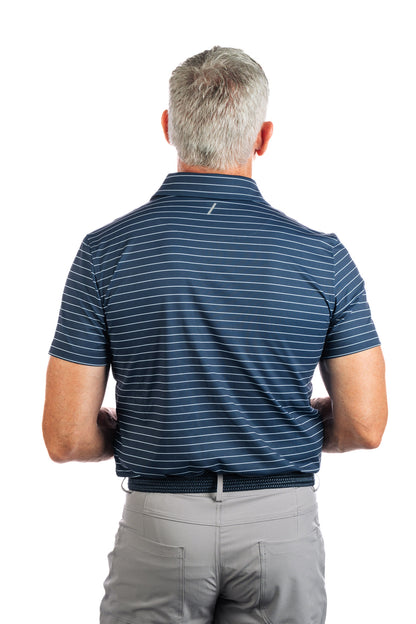 Backside photo of a model wearing navy polo with white stripes on a white background