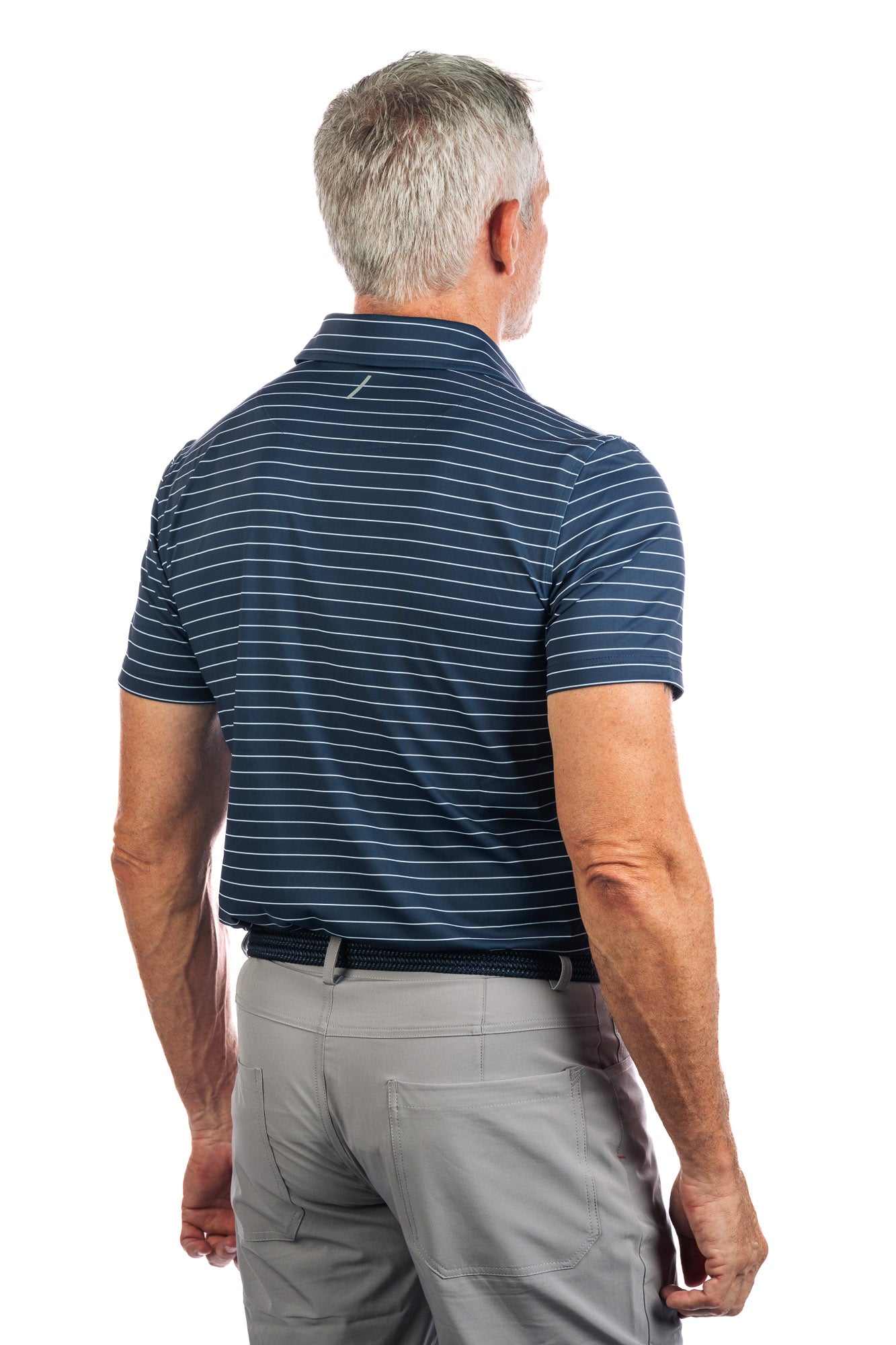 Backside photo of navy polo with white stripes on a white background