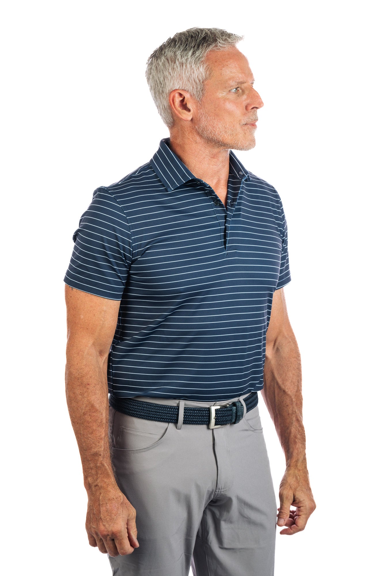 Frontal photo of navy polo with white stripes on a white background looking to the right