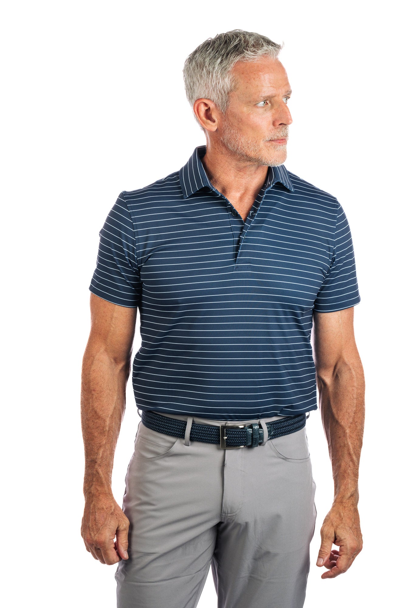 Frontal photo of navy polo with white stripes on a white background looking to the right