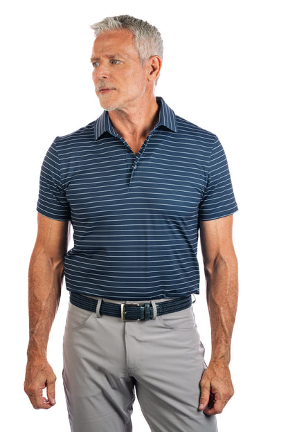 Frontal photo of navy polo with white stripes on a white background looking to the left. 