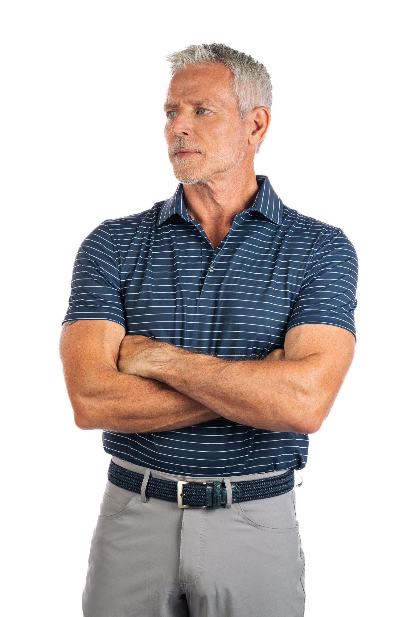 Waist up photo of navy polo with white stripes on a white background