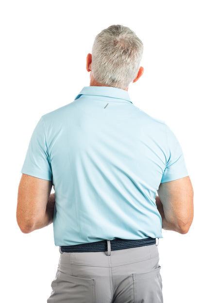 Backside photo of light blue golf polo on white background on a model.