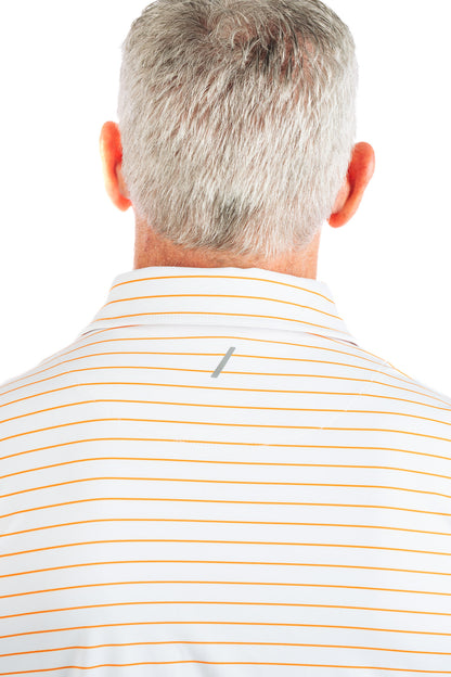 Close up backside photo of model wearing the Orange striped golf polo on a white background showing the back collar. 