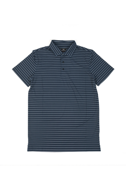 Overhead photo of navy polo with white stripes on a white background.