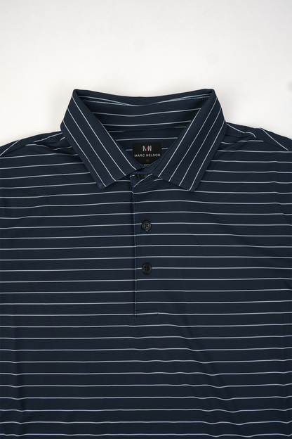 Close up photo of navy polo with white stripes on a white background
