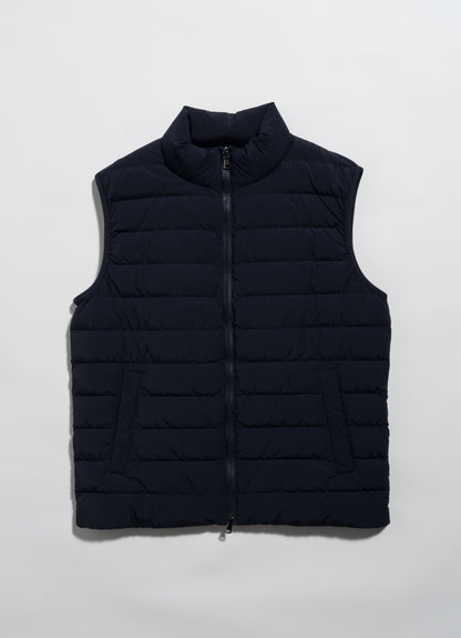 A sleeveless, black quilted puffer vest with a front zipper and two side pockets, laid flat on a white background.