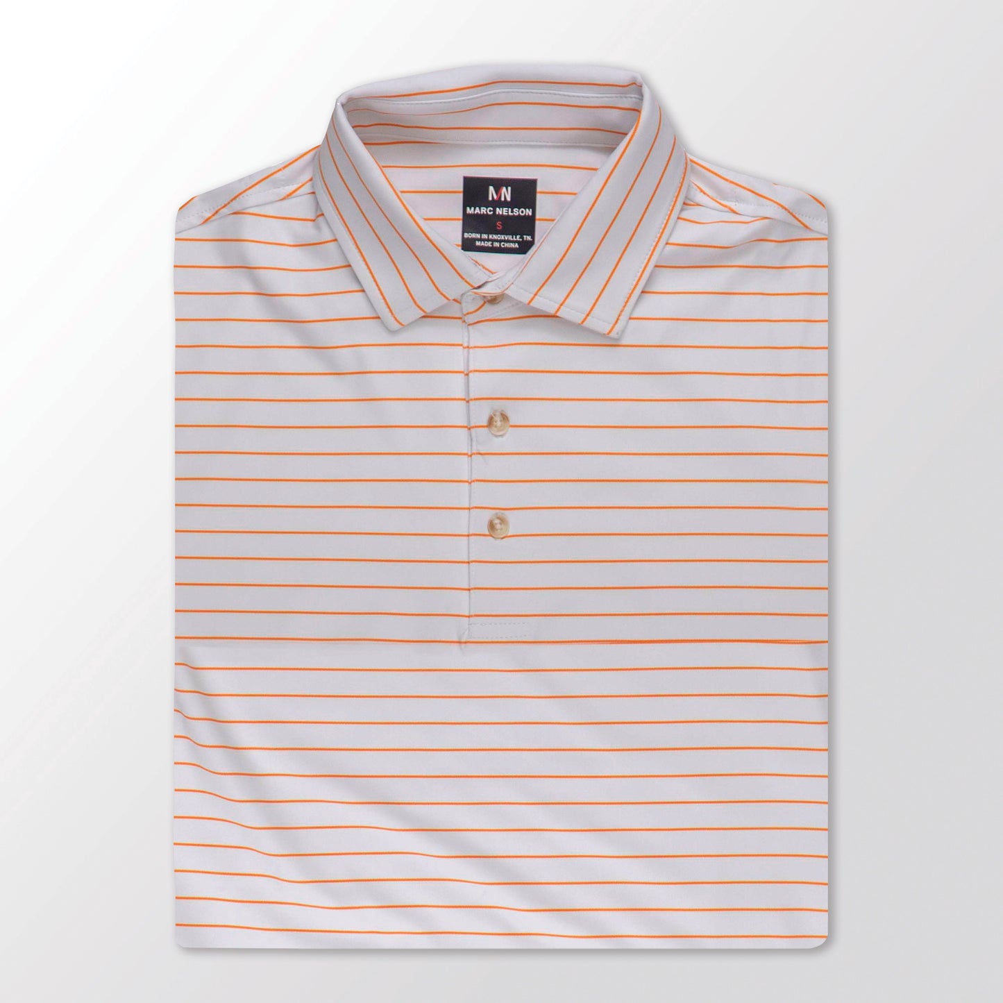 Photo of Orange Striped Golf Polo on a White background folded in a square. 