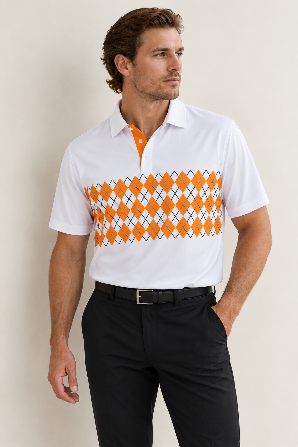 Orange Argyle Performance Polo