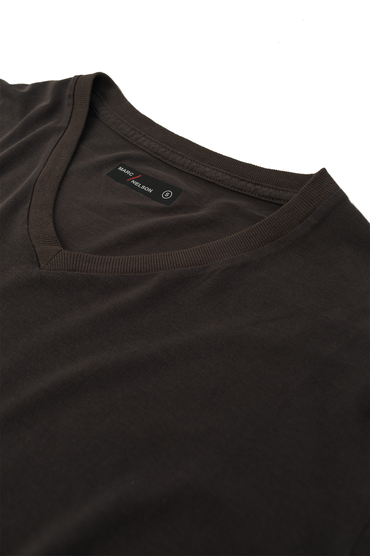 Close up of grey v-neck t-shirt laid flat on a white background.