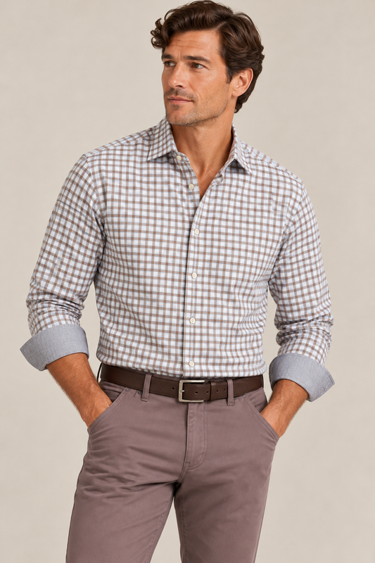 Men's Brown & Blue Plaid Cotton Coolmax Stretch Shirt