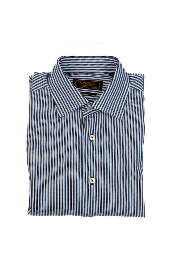 Striped dress shirt folded on a white background.