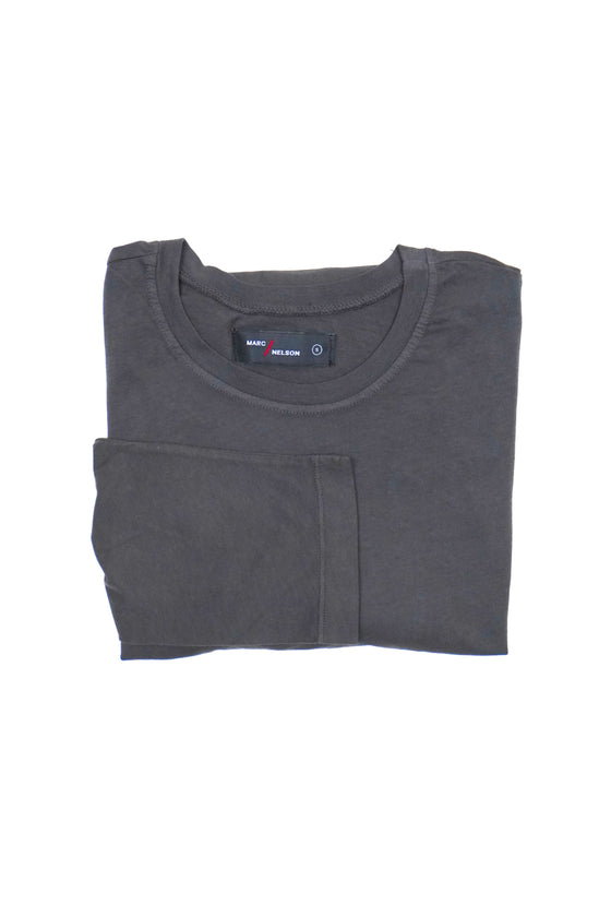 Gray long sleeve crew neck t-shirt folded on a white background.