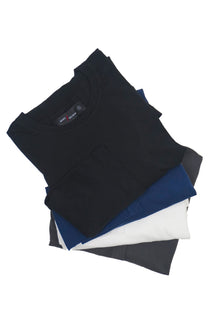  Four modal long sleeve men's crew neck t-shirts folded in a stack on a white background.