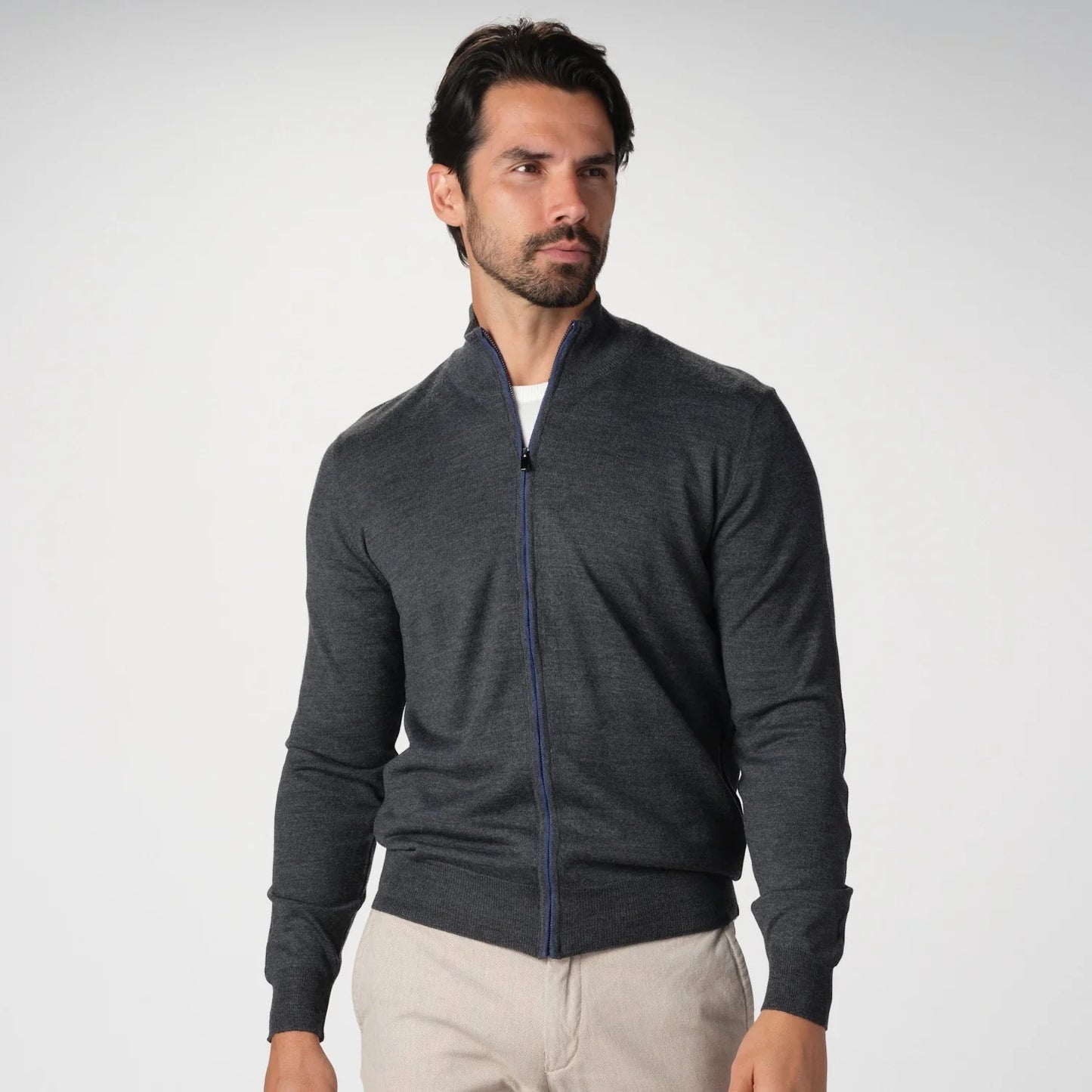Garnet Full Zip Merino Sweater in Charcoal