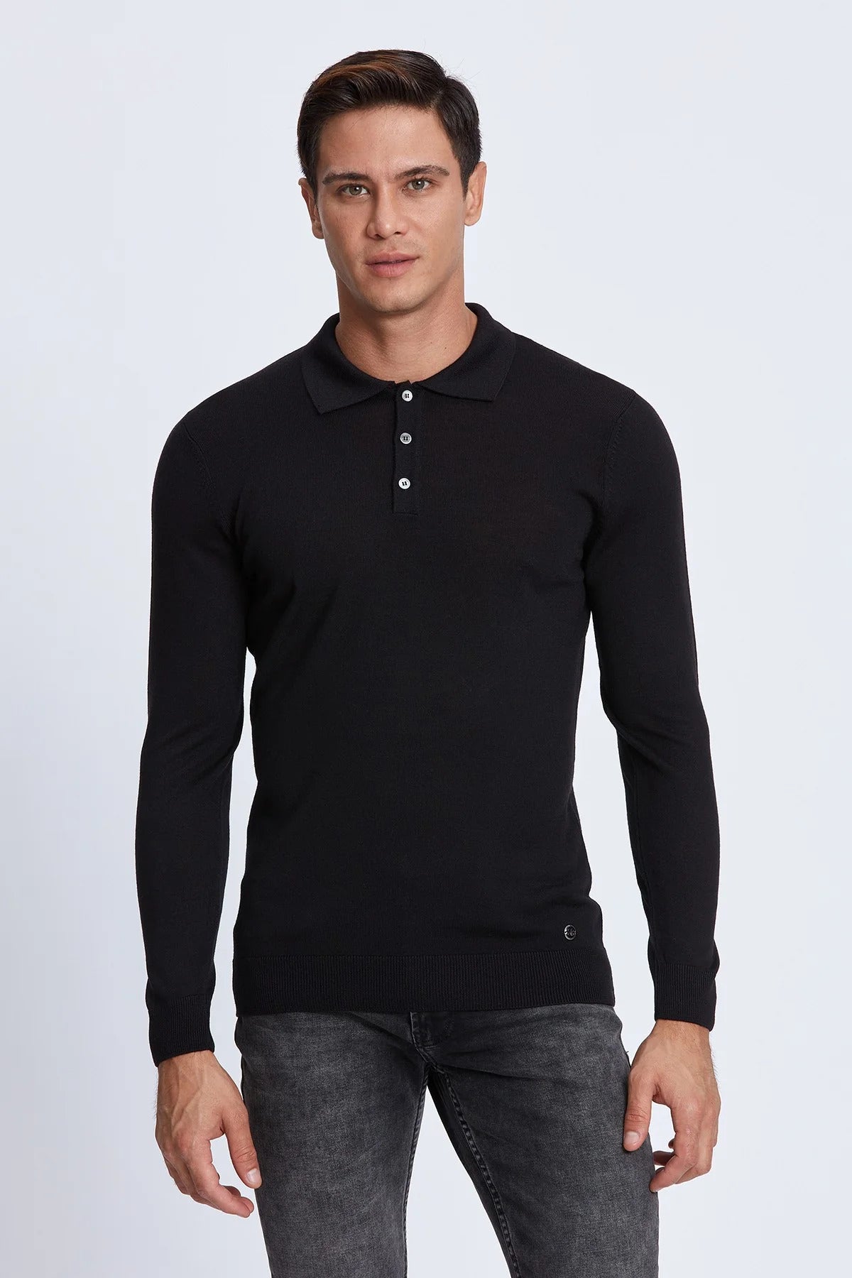 Garnet Polo with Buttons Merino Sweater in Black