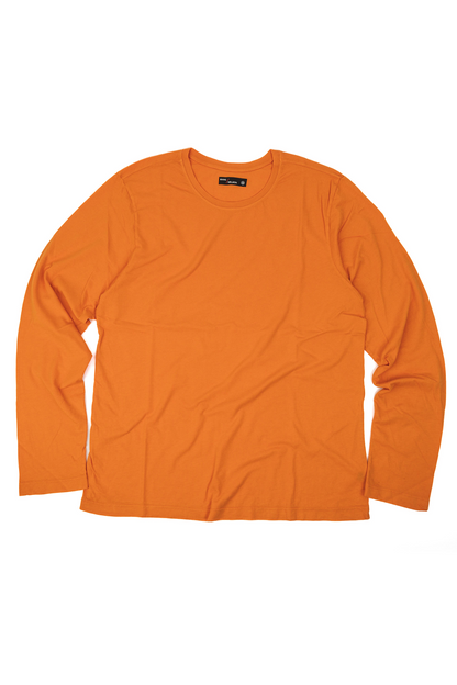 orange long sleeve crew neck shirt