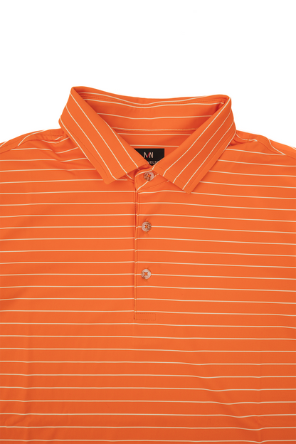 Close up photo of the collar of Orange golf polo with white stripes. 