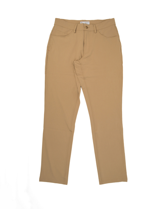 Overhead photo of Sand colored golf pants laid flat on a white background