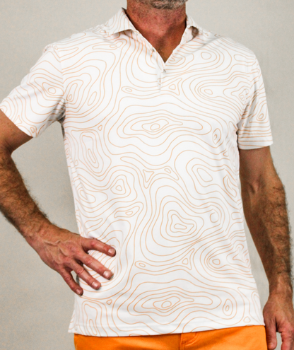 Topographic White and Orange Golf Polo