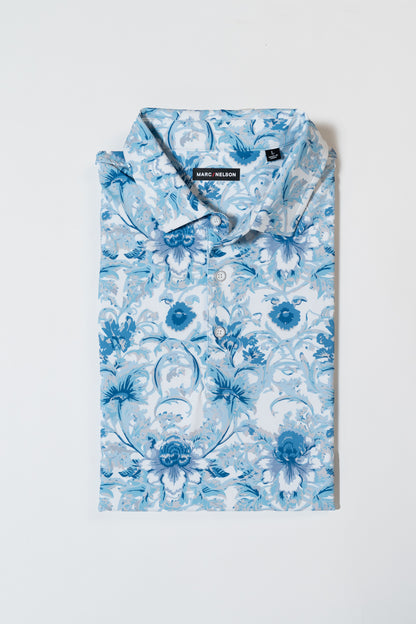 Damask Floral Blue Golf Polo