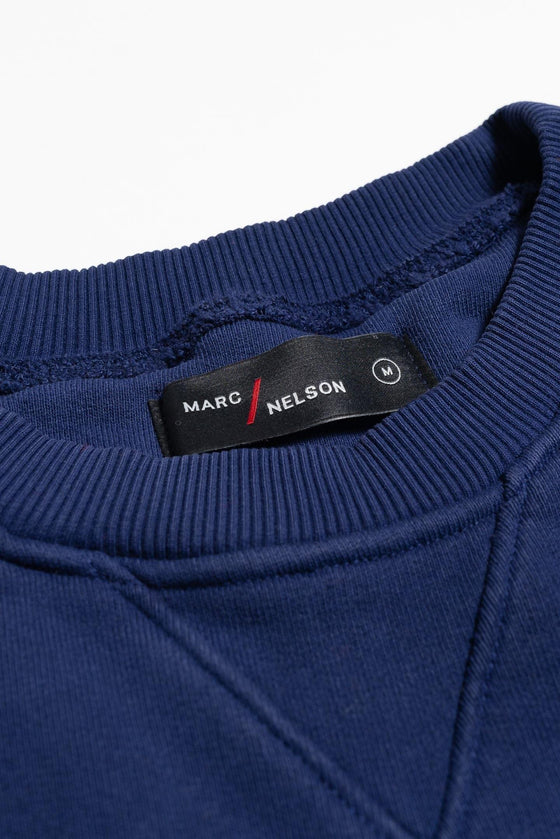Detail shot of ribbed crew neck on the Japanese French Terry sweatshirt.