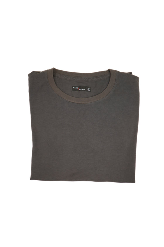 Gray crew neck t-shirt folded on a white background.